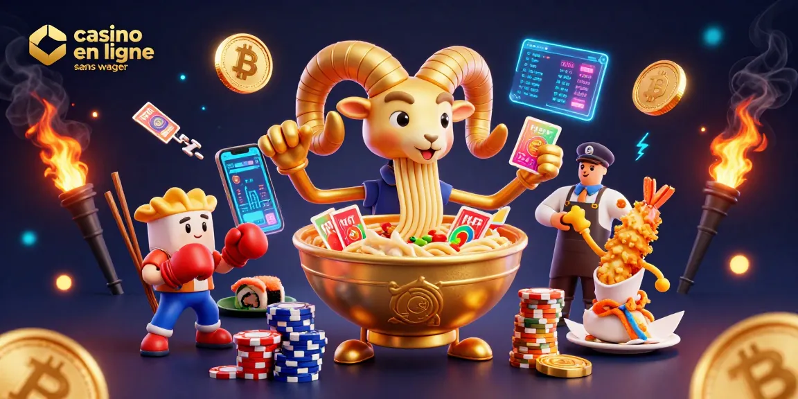 Visualisation d'un casino en ligne sans wager avec un bol de ramen géant et d'autres personnages colorés.
