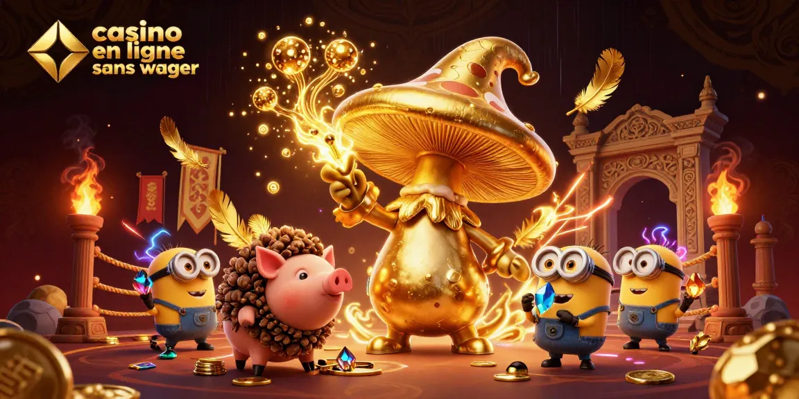 Illustration dynamique représentant un casino en ligne sans wager avec un sorcier champignon et ses alliés.