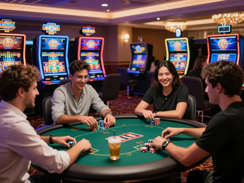 Exciting scene at Trang chủ MM88 featuring diverse players enjoying various online casino games in a vibrant atmosphere.
