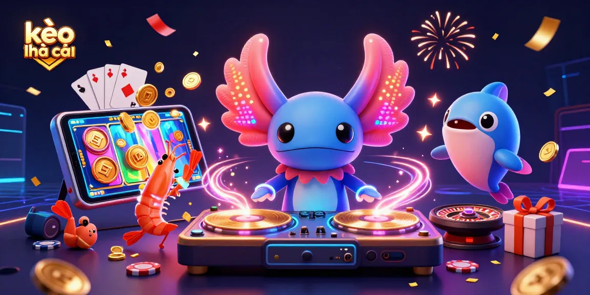 Visualize kèo nhà cái with vibrant scenes of a DJ axolotl, dancing shrimp, and gaming elements.