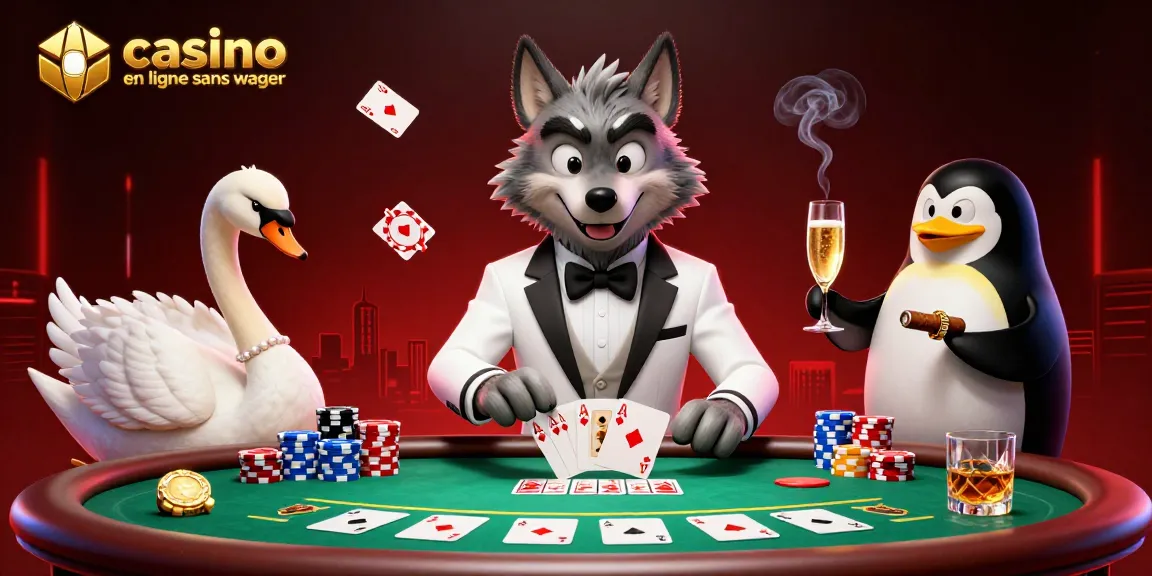 Illustration artistique représentant le casino en ligne sans wager, avec un loup élégant jouant au baccarat, un cygne distribuant les cartes et un pingouin sommelier servant du champagne.