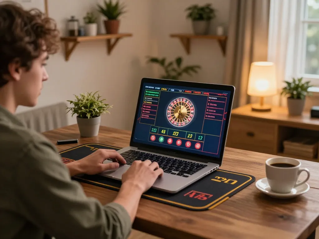 Engaging in a thrilling gojekpot live roulette game online at home, showcasing excitement and strategy.