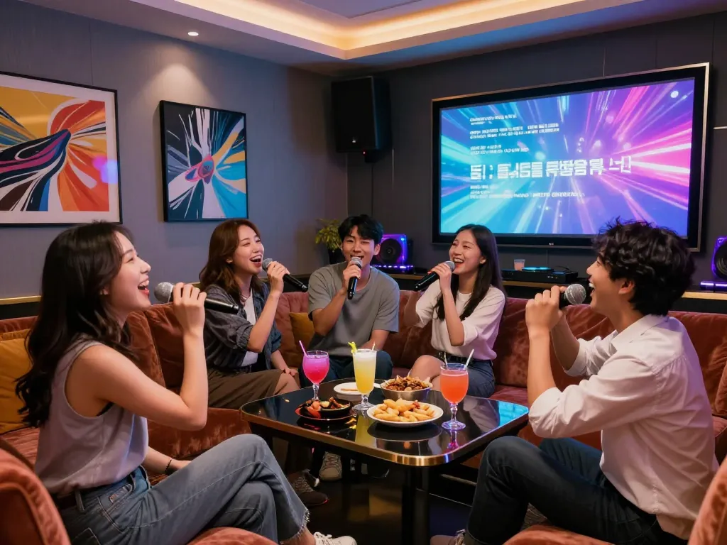 현대적인 분위기와 프리미엄 서비스를 갖춘 강남달토에서 노래 세션을 즐기는 신나는 그룹.