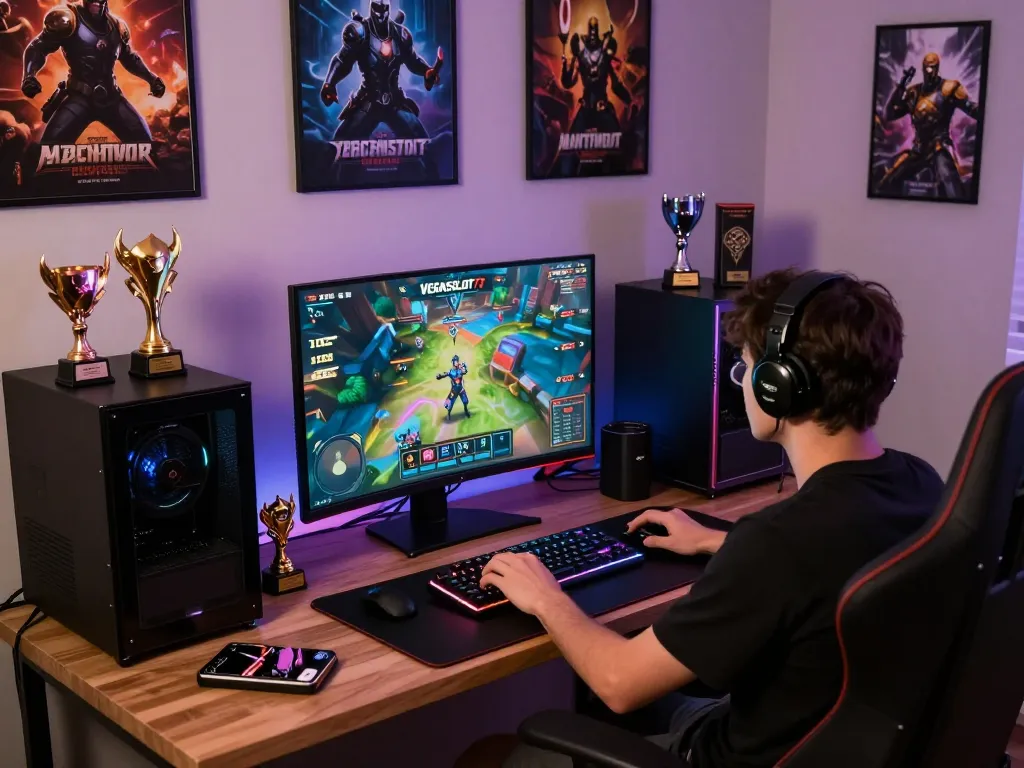 Engaging online gaming setup showcasing VEGASSLOT77 logo, high-definition screen, and exciting gameplay atmosphere.