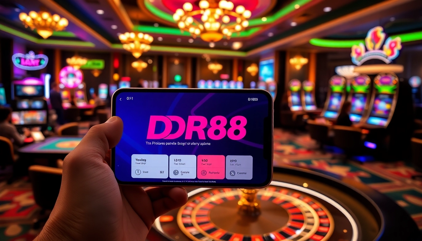 Experience the thrill of online betting with the DR88 app on a vibrant casino floor.