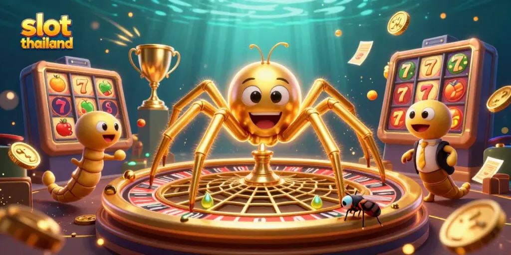 Spin to win at slot thailand with this vibrant casino-themed illustration featuring dynamic game elements.