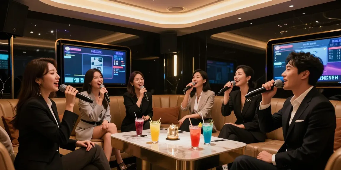 강남 가라오케에서 고급스럽고 아늑한 분위기 속에 손님들이 노래를 부르고 있는 모습