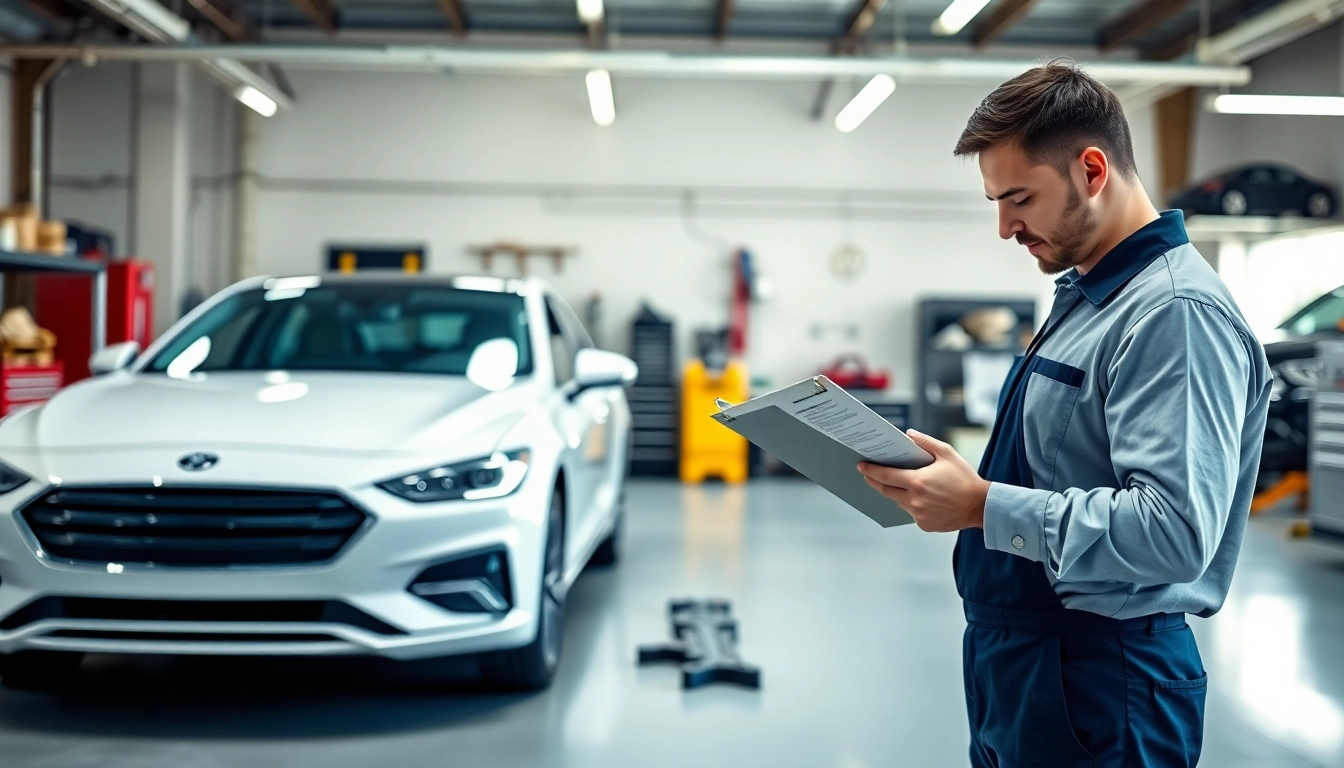Highlighting extended car warranty for used cars with a mechanic examining warranty documents in a garage.