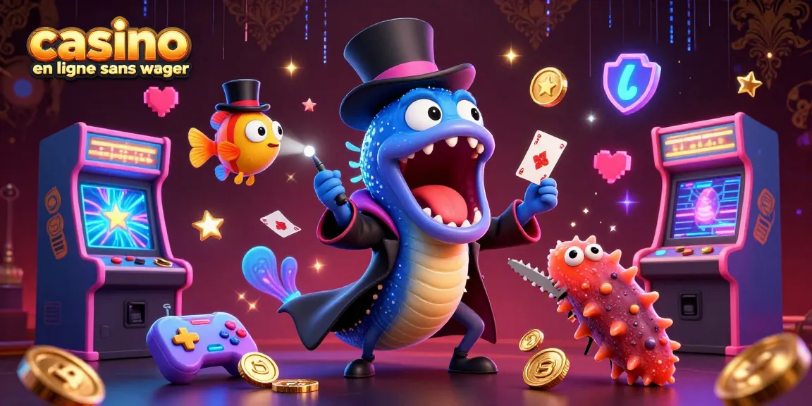Visuel dynamique de casino en ligne sans wager avec une anguille et des machines à sous.