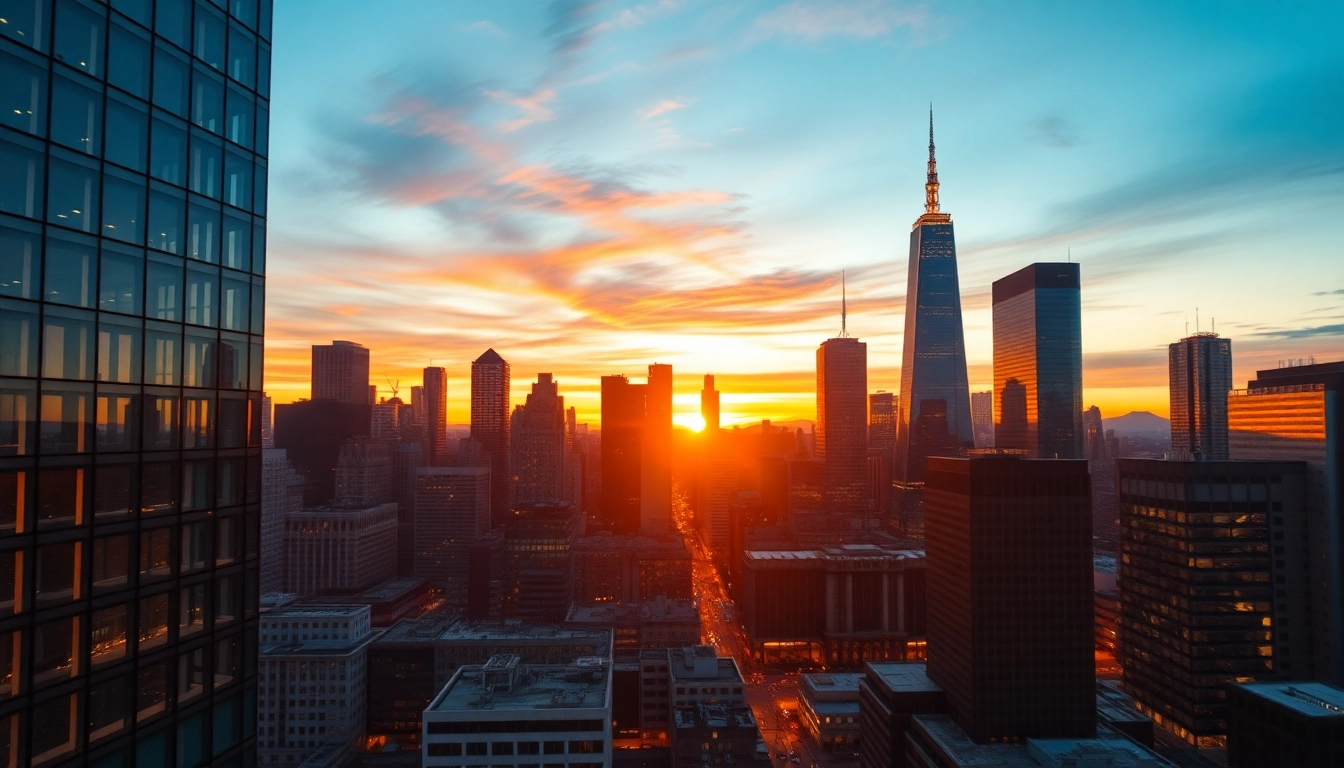 Captivating skyline featuring Brightet's urban design in a vibrant sunset.