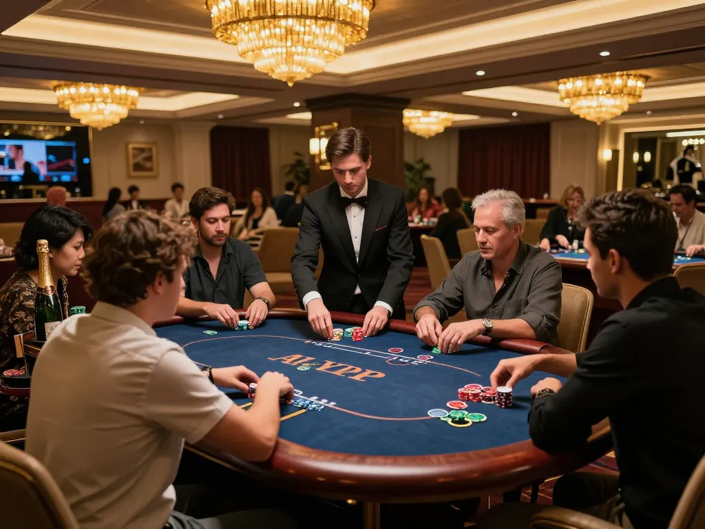Players enjoying high-stakes poker at the 789win vip casino, showcasing luxury and strategy.