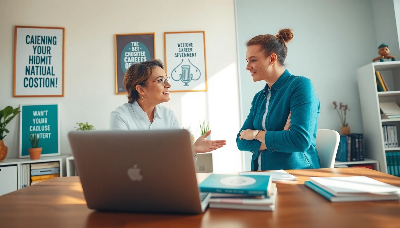 Engaging career coaching session with a professional in a modern office.