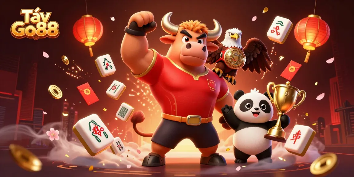 Tải Go88 and enjoy vibrant gaming with the bull mascot and eagle champion in this colorful casino scene.