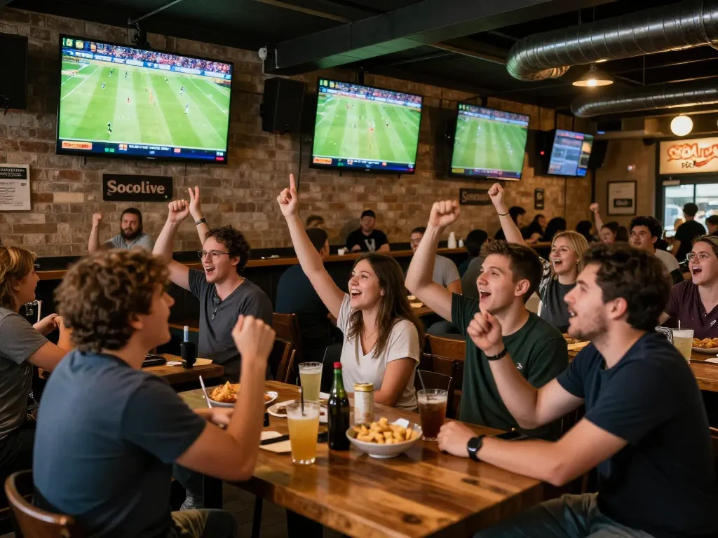 Socolive users enjoying an exhilarating live football match at a sports bar with friends.