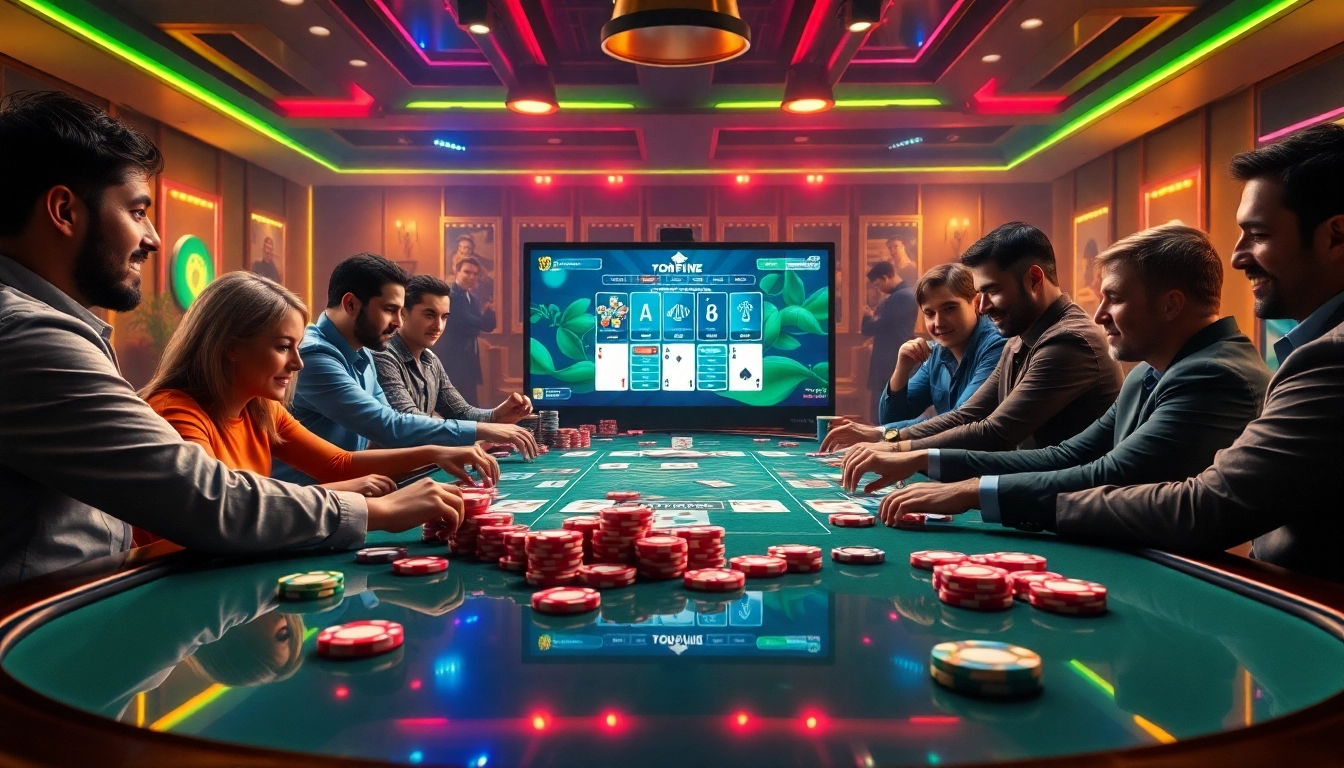Pemain yang terlibat dalam kompetisi poker online di meja virtual mewah dengan chip dan kartu berwarna-warni.