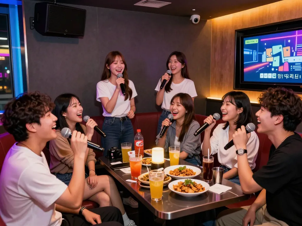 손님들이 노래방과 술과 함께 활기찬 인천쓰리노 밤문화를 즐기고 있습니다.