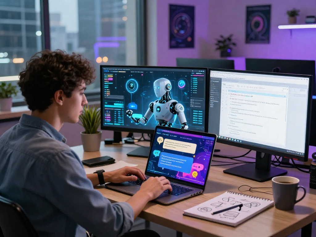Diverse user interacting with an nsfw chat bot in a modern tech workspace, showcasing dynamic digital communication.