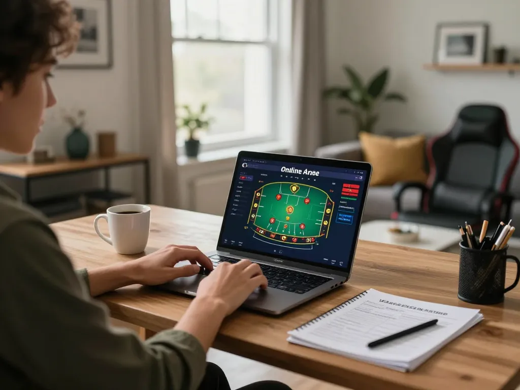 Engaging in online gambling strategy at the best widget store with a laptop showing blackjack gameplay.