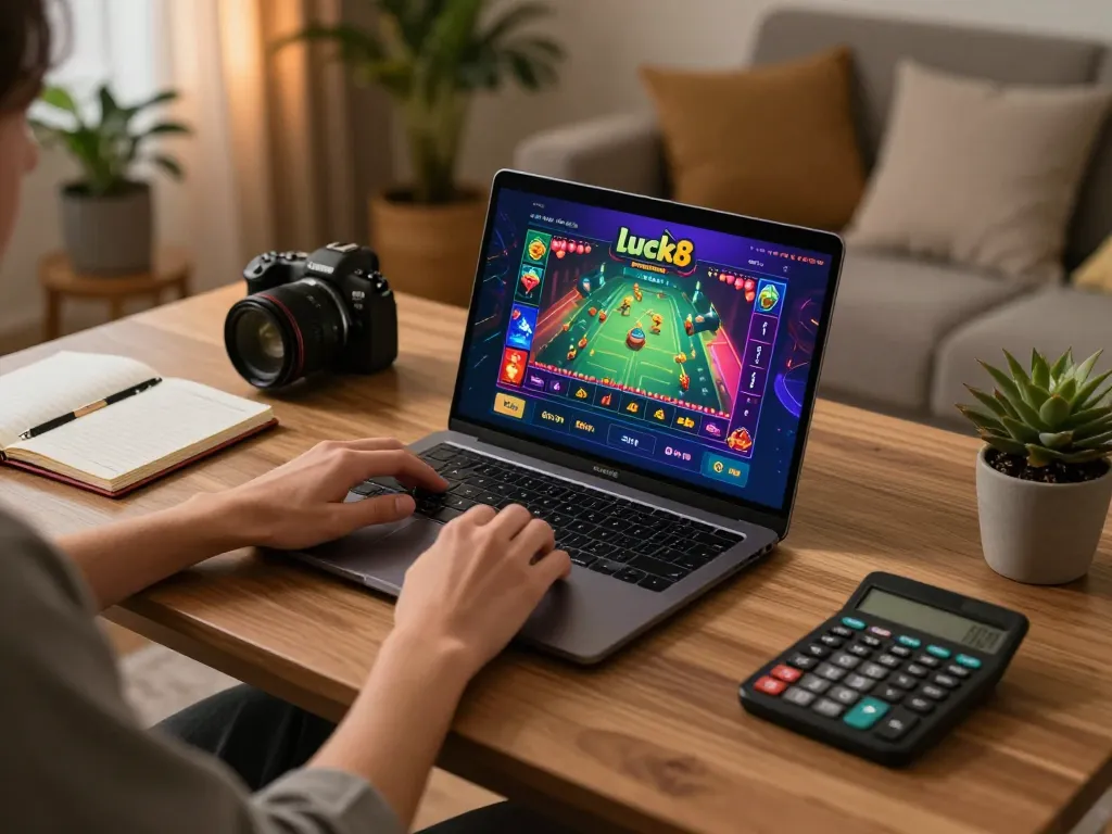 Engaging with the luck8 online casino app on a modern laptop in a cozy home setup