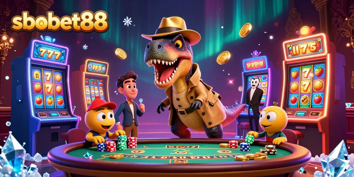 Experience sbobet88 excitement at a vibrant casino scene with a card-counter velociraptor.