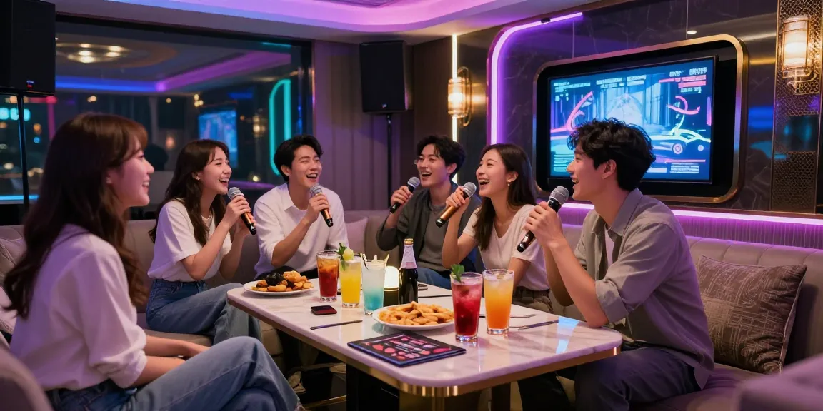 강남 구구단쩜오에서 즐거운 시간을 보내고 있는 친구들의 모습, 세련된 인테리어와 생동감 넘치는 조명 속에서의 프라이빗 파티 분위기