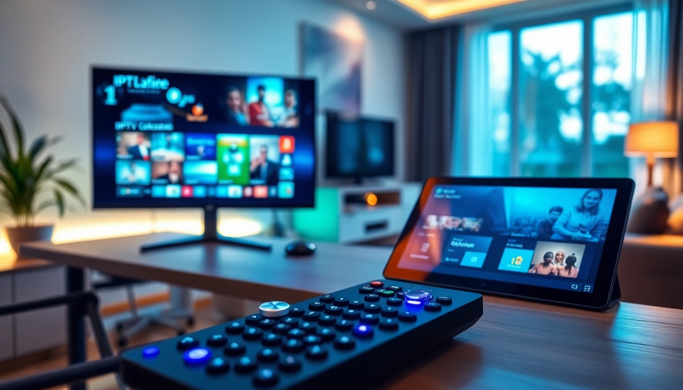Stream IPTV channels seamlessly with this engaging setup featuring iron iptv interface and remote.