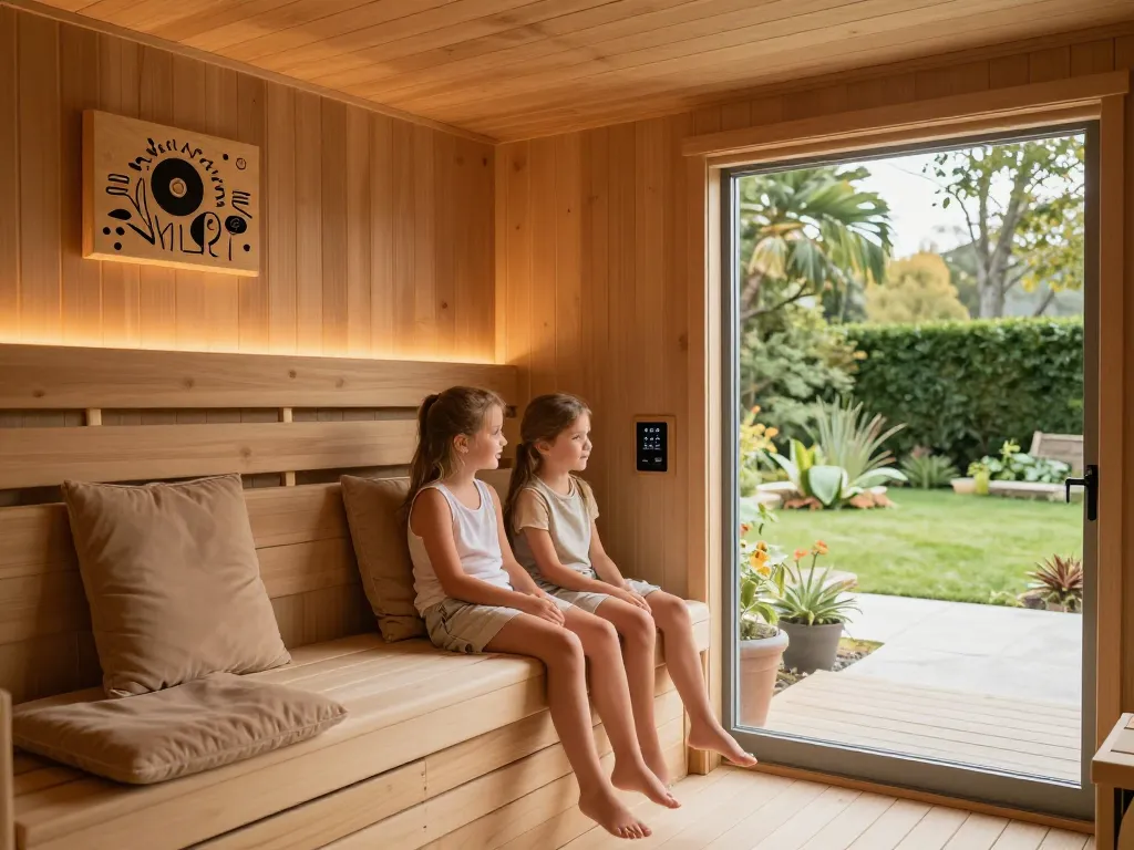 Elegant sauna customization with family enjoying personalized wooden sauna space and natural light.