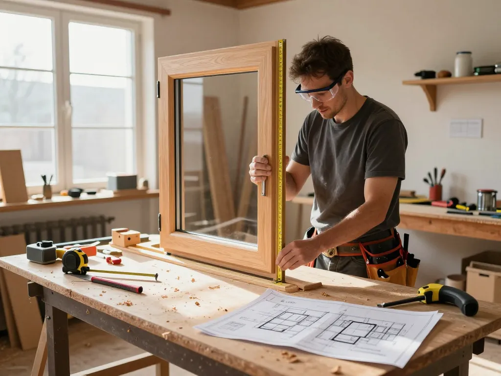 Handwerker bei der Fenstermontage in hellen Werkstatt in Köln.