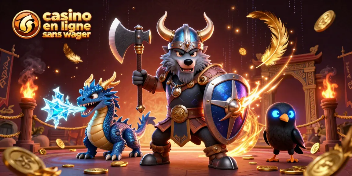 Jouez dans un casino en ligne sans wager avec un guerrier Viking, un dragon et un corbeau, entourés de pièces d'or.