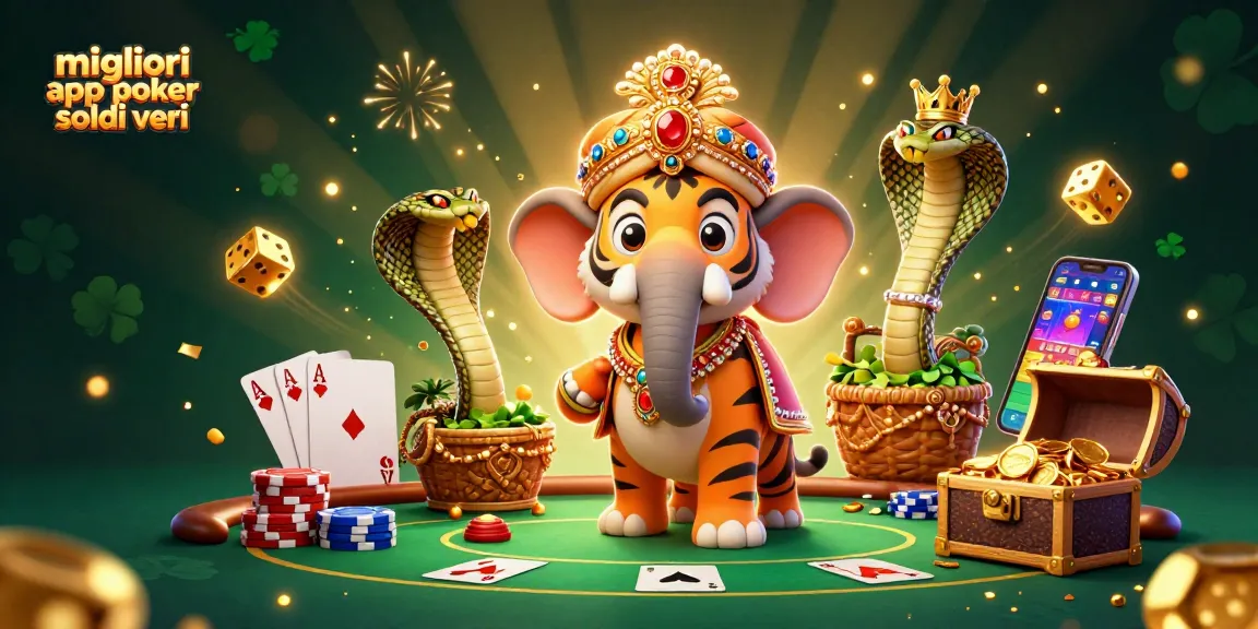 Migliori app poker soldi veri in un’illustrazione colorata con un maharaja e un tavolo da poker animato.