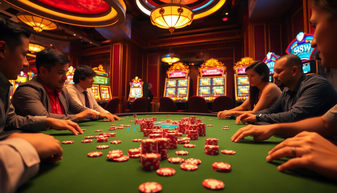 The excitement of players competing at the poker table in 98win casino.