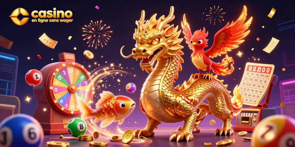 Visualisez le casino en ligne sans wager avec un dragon, un phénix et des éléments de loterie.