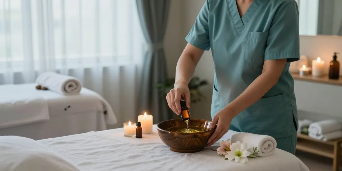 둔산동마사지 편안한 분위기의 현대적인 스파에서 아로마 오일을 준비하는 마사지 테라피스트
