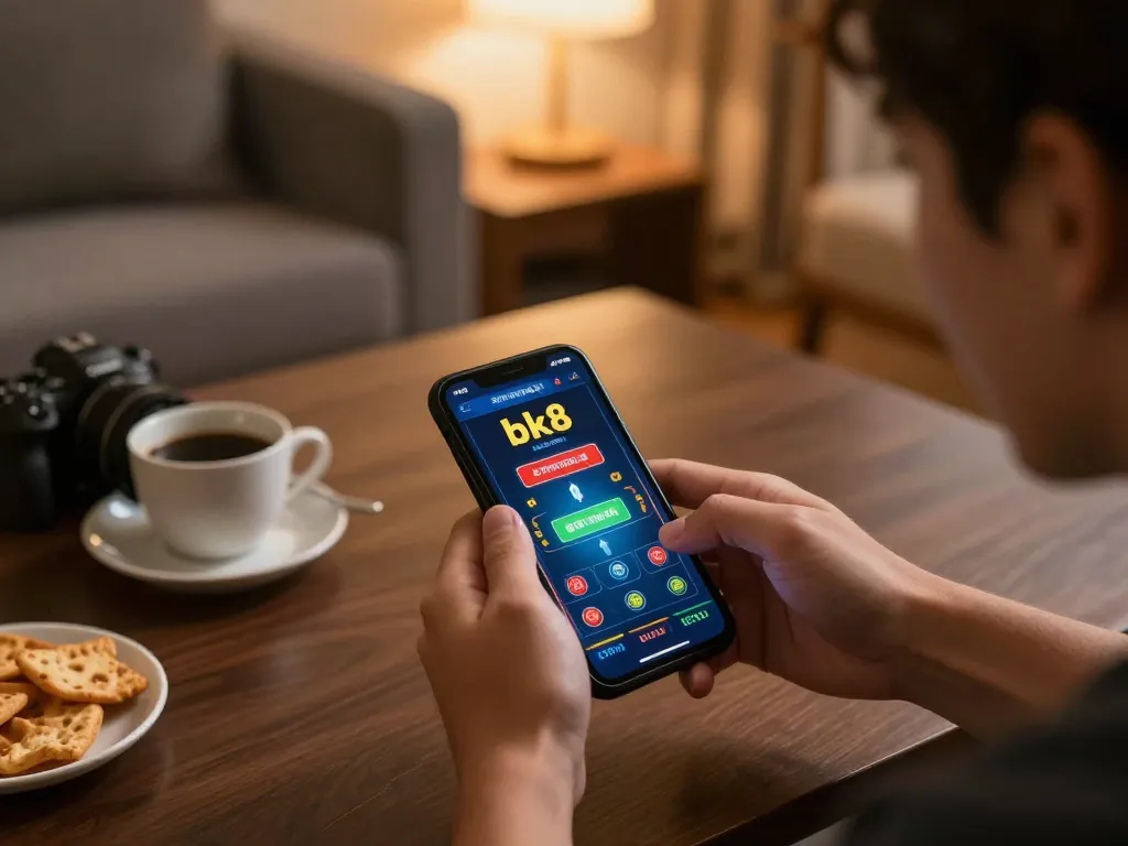 Using bk8 เครดิตฟรี on a smartphone during a cozy home casino session, engaging online betting.