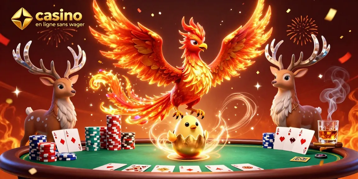 Plongez dans le monde du casino en ligne sans wager avec un phoenix flamboyant entouré de jetons de poker colorés.