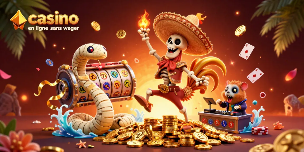 Profitez du casino en ligne sans wager avec des personnages en fête entourés de jetons et de jeux de cartes.