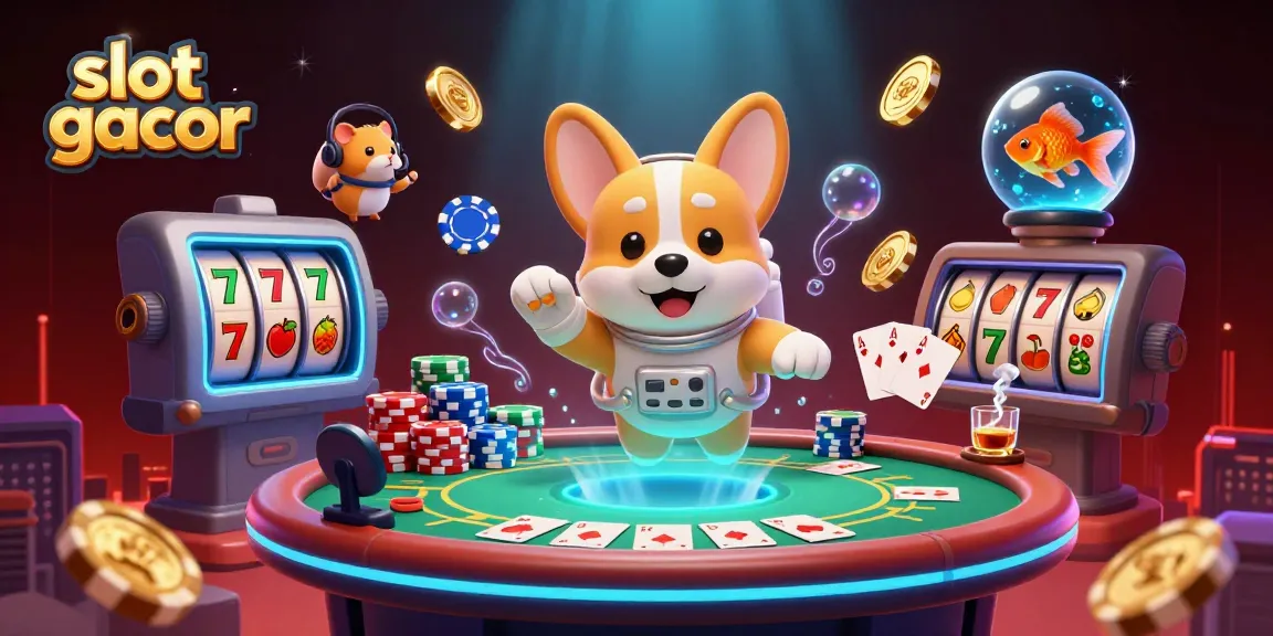 Engage with slot gacor excitement in a vibrant space casino scene featuring a floating corgi and drifting poker chips.