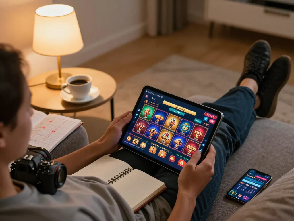 Xoilac TV user enjoying online casino gaming on tablet in a cozy living room.