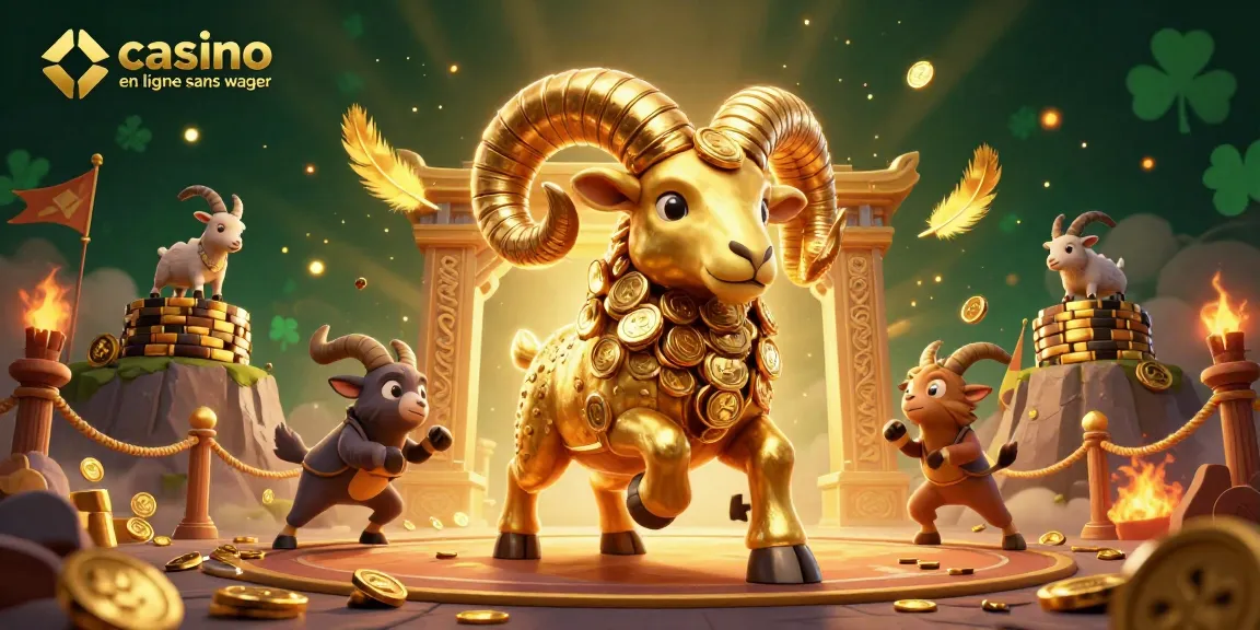 Visuel captivant illustrant un casino en ligne sans wager, mettant en scène un bélier doré dynamique.