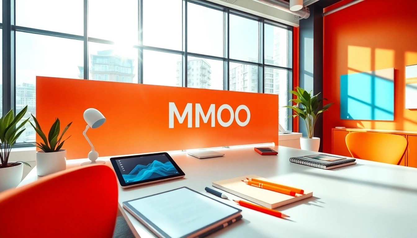 MMOO branded workspace with modern tech and inviting atmosphere for creative professionals.