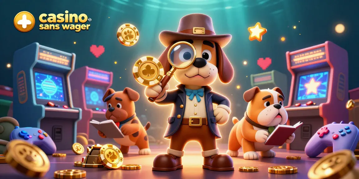 Joue à un casino en ligne sans wager avec une illustration captivante de détective canin et jeux d'arcade.