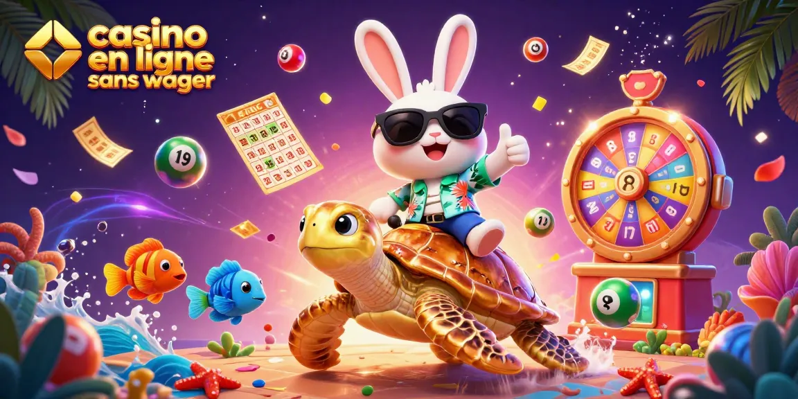 Image dynamique présentant un casino en ligne sans wager avec un lapin chanceux et une tortue dorée.