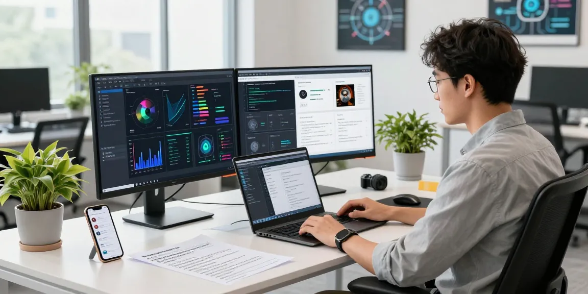 AI detector in action with data analyst reviewing flagged content on dual monitors in a modern workspace.