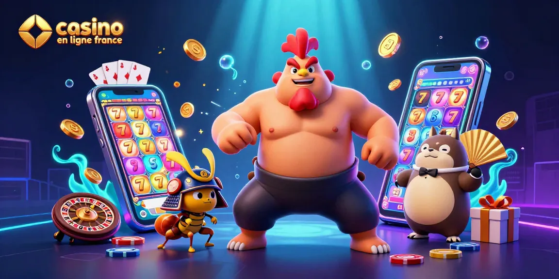 Illustration 3D captivante de l'univers du casino en ligne France avec un sumo, un criquet et un tanuki animés.