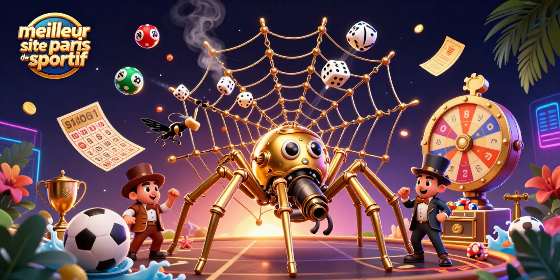 Image amusante avec la meilleure site de paris sportif intégrant une araignée steampunk dorée, des ballons de loterie, et un effet de pluie d'argent.