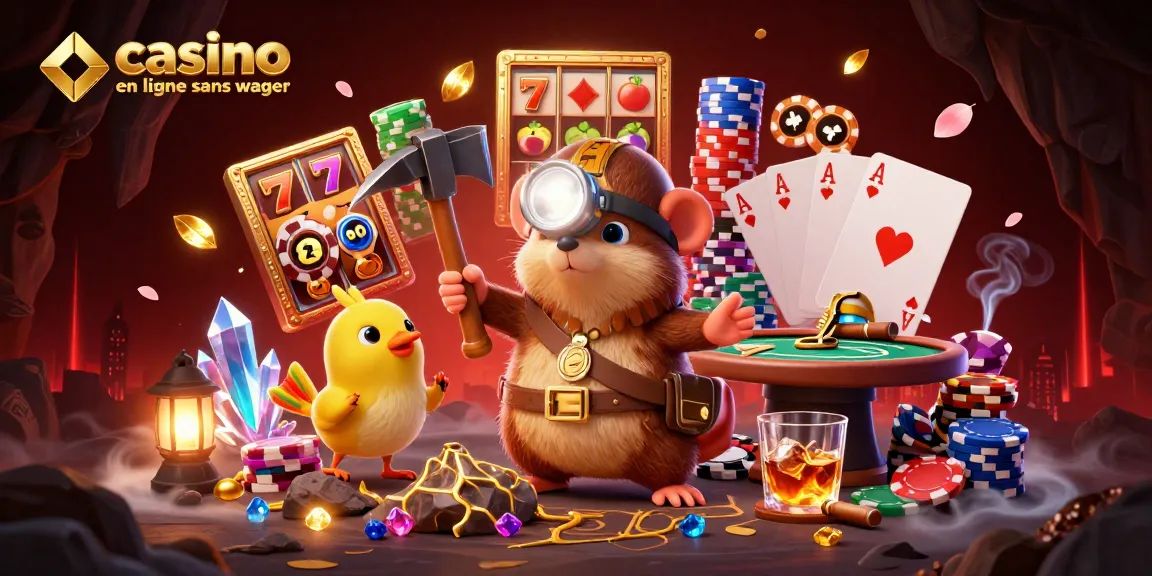Illustrez le plaisir du jeu avec un casino en ligne sans wager, où un taupe aventurier et son canari découvrent des trésors.