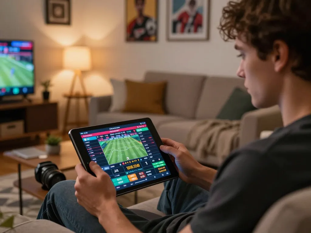 Cakhiatv user engaged in live sports betting on tablet, analyzing odds and match data.