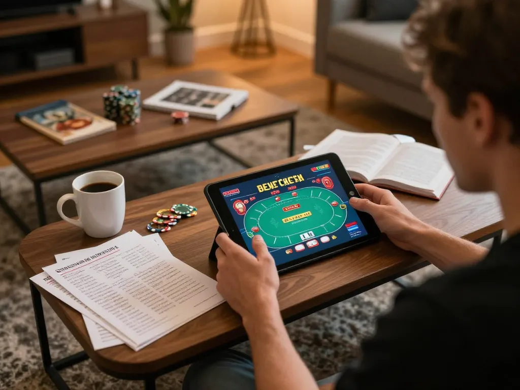 Engaging with online poker game on open88 platform in a cozy home gaming setup.