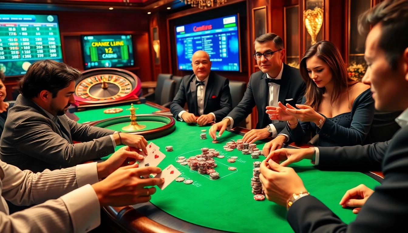 Vivez l'excitation d'un casino en ligne avec des joueurs divers profitant d'une partie de poker luxueuse.