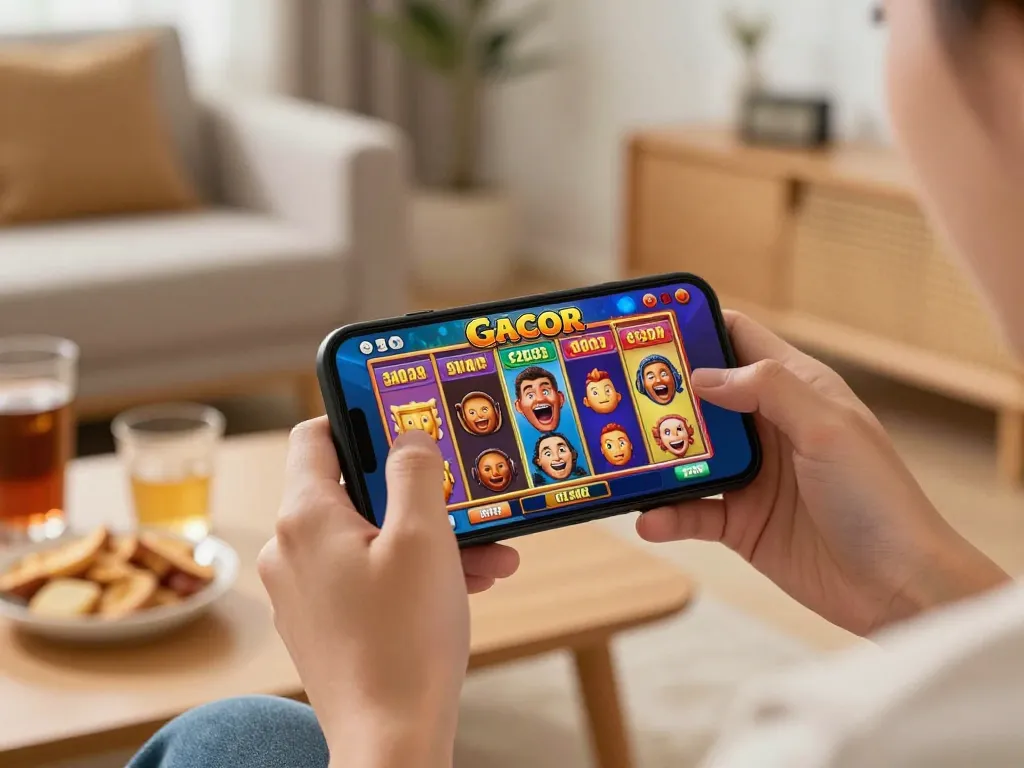 Engaging gameplay on a slot gacor app with excitement and snacks around.